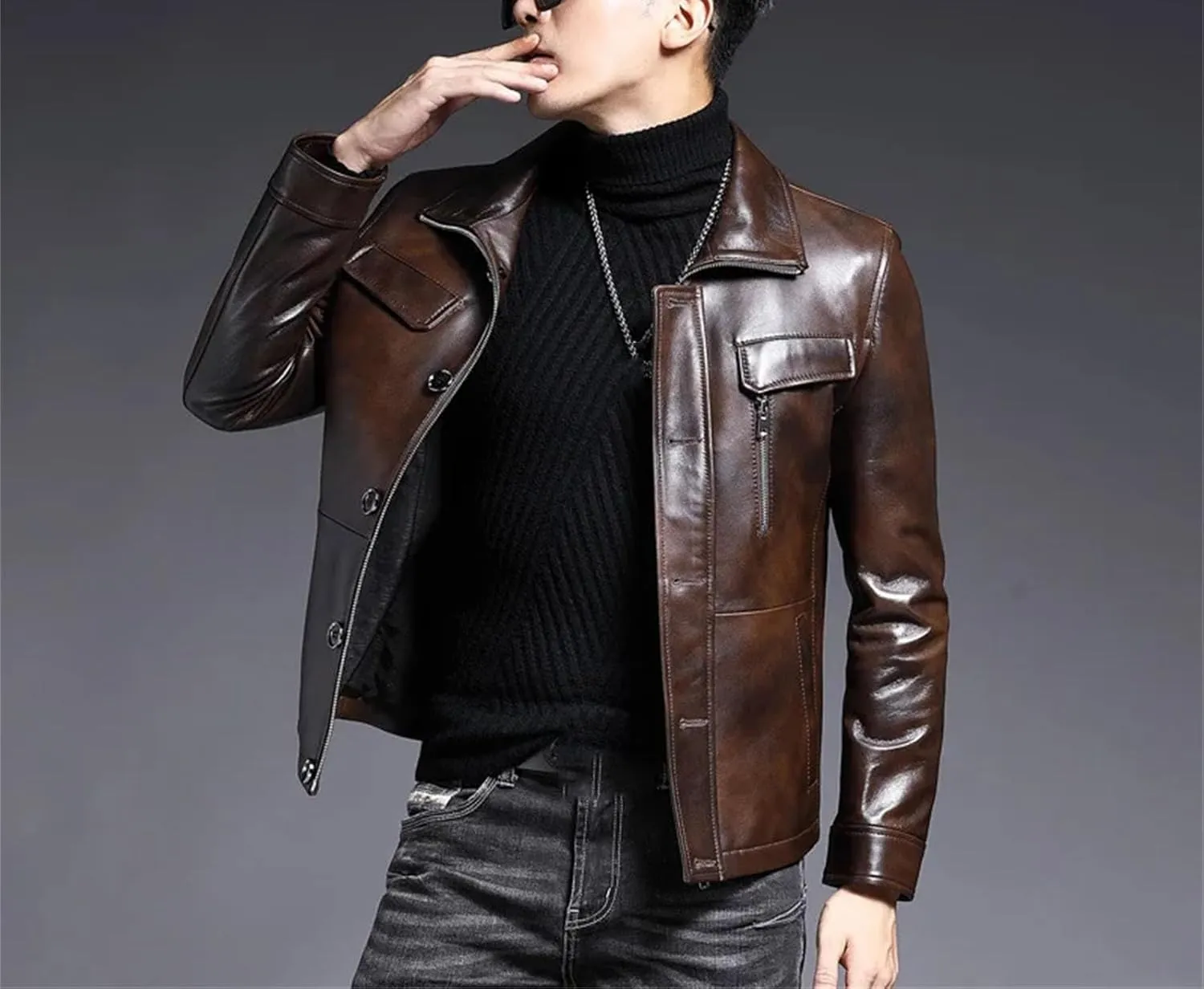 Men’s Short Style Sheepskin Leather Jacket Motorcycle Spring Midweight Coat