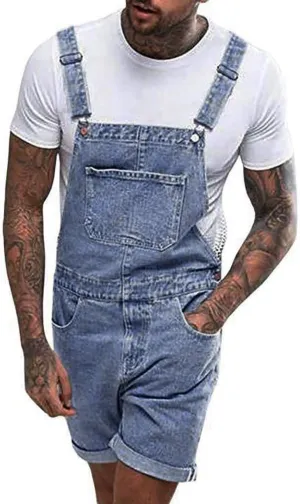 Mens Slim Fit Denim Shorts Bib Overall Jean Romper Casual Loose Fit Walkshort Button Pockets Summer Jumpersuit