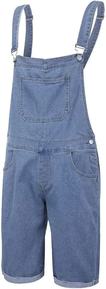 Mens Slim Fit Denim Shorts Bib Overall Jean Romper Casual Loose Fit Walkshort Button Pockets Summer Jumpersuit