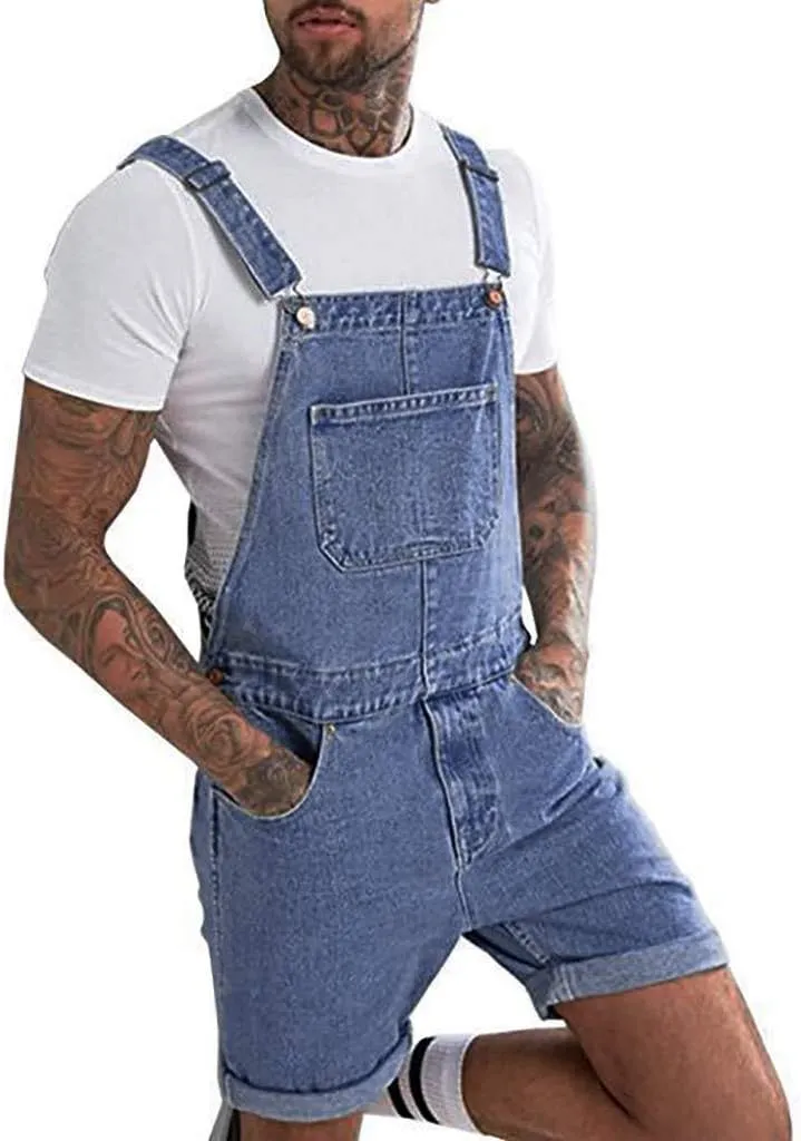 Mens Slim Fit Denim Shorts Bib Overall Jean Romper Casual Loose Fit Walkshort Button Pockets Summer Jumpersuit