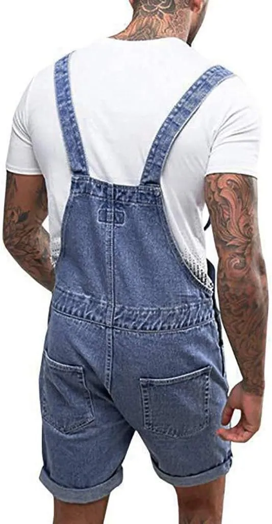 Mens Slim Fit Denim Shorts Bib Overall Jean Romper Casual Loose Fit Walkshort Button Pockets Summer Jumpersuit