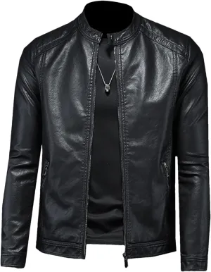 Men’s Stand Collar Motorcycle Leather Jacket Slim Fit Cool Weather Winter Coat