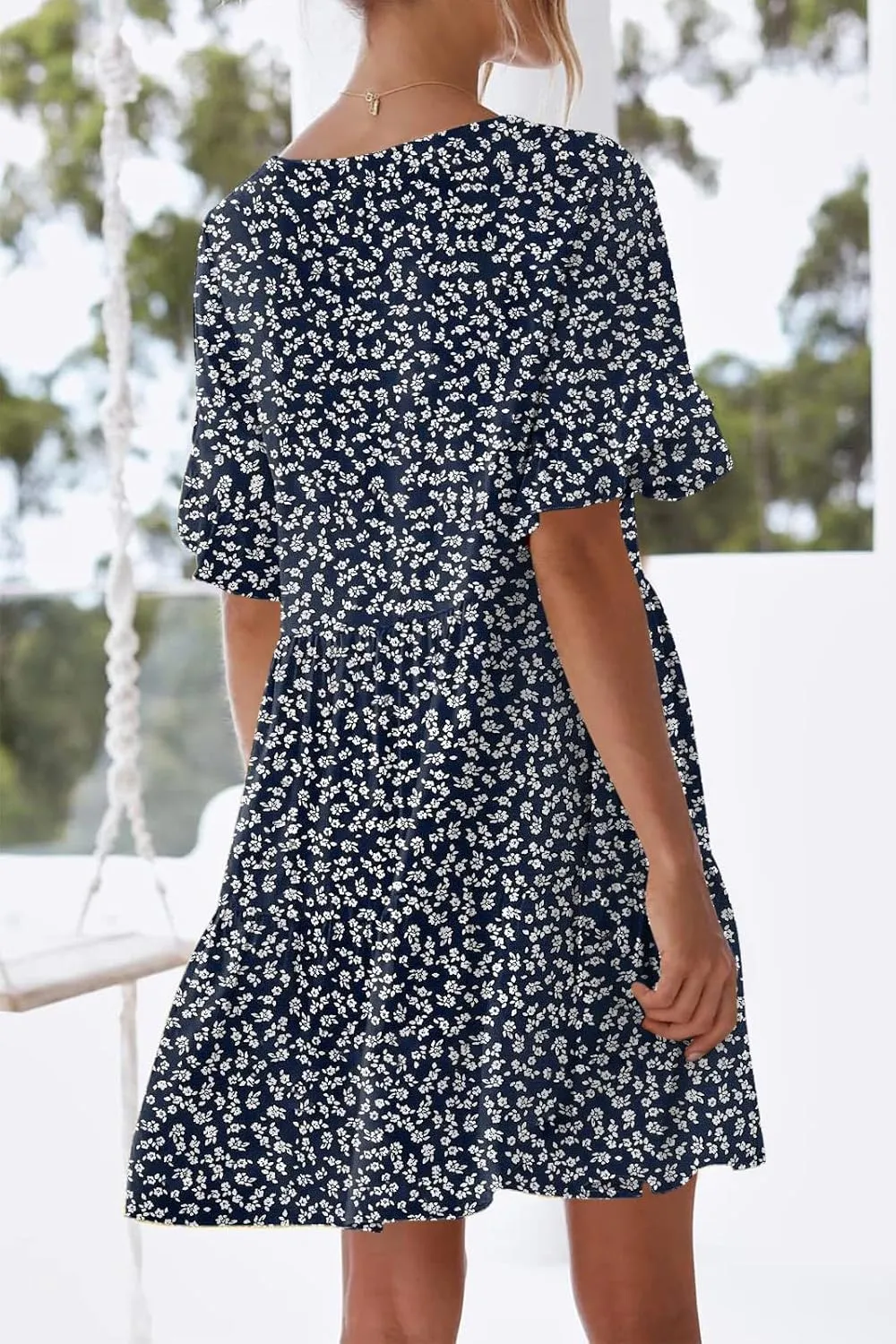 nclook Womens Summer Casual Dresses Sweet Cute Crew Neck Mini Dress with Pockets Ruffle Short Sleeve