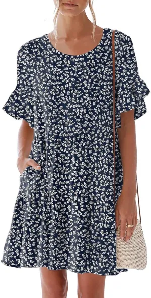 nclook Womens Summer Casual Dresses Sweet Cute Crew Neck Mini Dress with Pockets Ruffle Short Sleeve