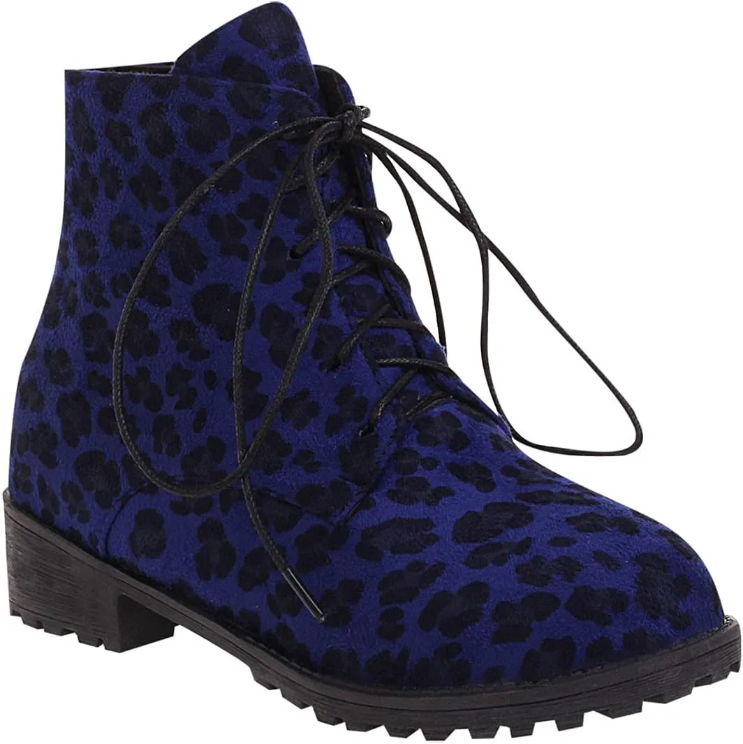 oiangi Ankle Boots for Women Low Heel Comfortable Leopard Lace Up Round Toe Square Heel Short Booties Lightweight Casual Trendy Non-slip Shoes