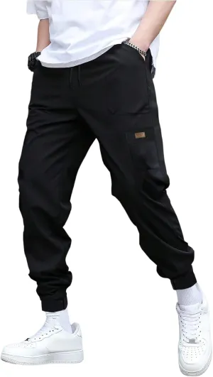 OYOANGLE Men's Cargo Pants Elastic Drawstring Waist Jogger Trousers with Pocket Streetwear