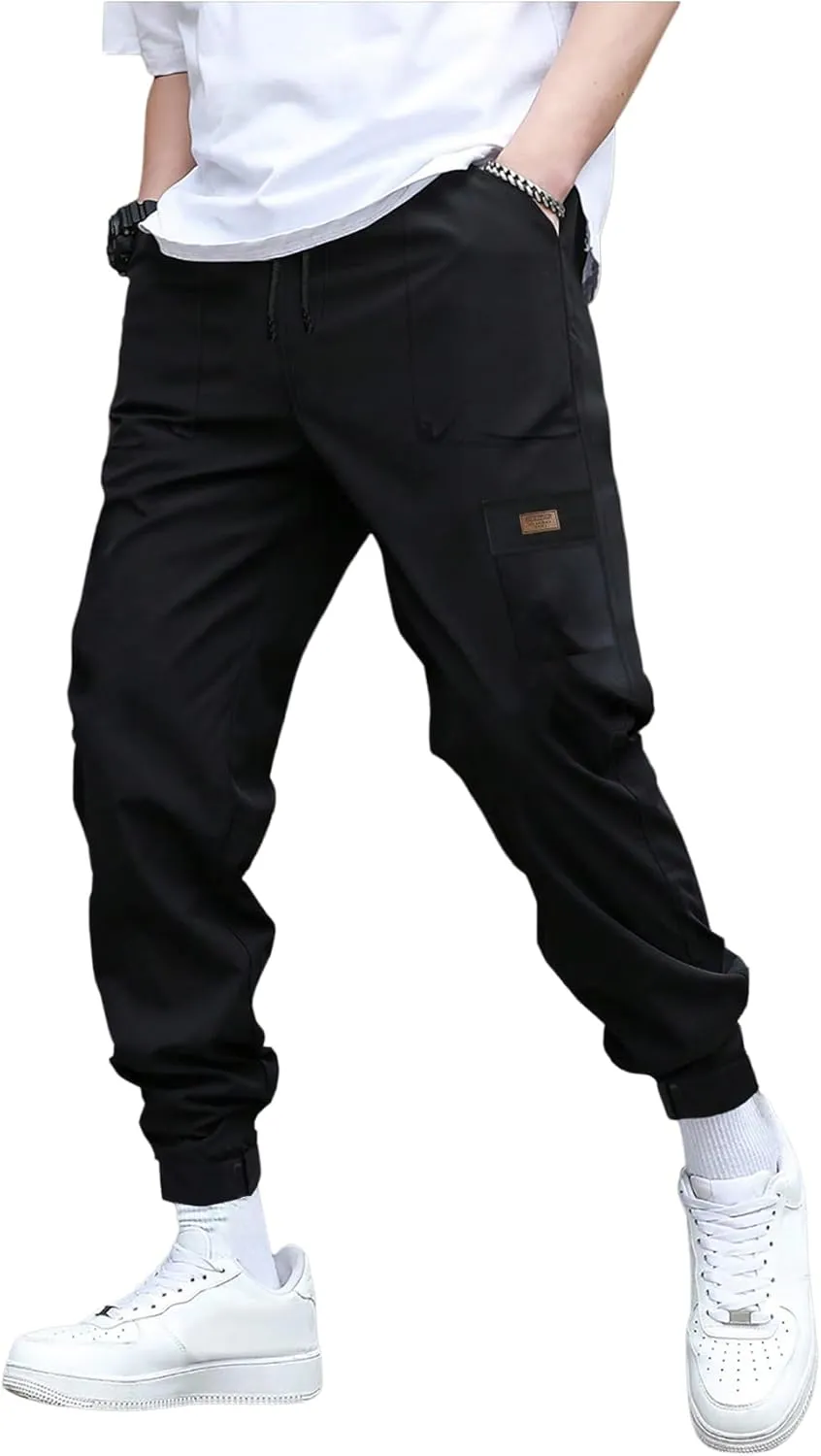 OYOANGLE Men's Cargo Pants Elastic Drawstring Waist Jogger Trousers with Pocket Streetwear