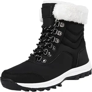 Snow Boots Women Winter Warm Fur Lined Snow Boots Cuffed Fur Collar Anti-Slip Mid Calf Boots Outdoor Insulated Waterproof Hiking Ankle Boots for Work Walking Hiking Outdoor