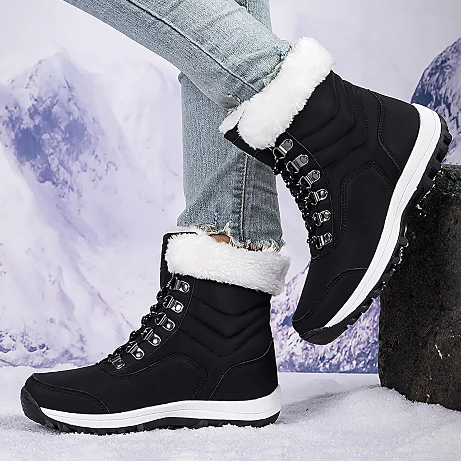 Snow Boots Women Winter Warm Fur Lined Snow Boots Cuffed Fur Collar Anti-Slip Mid Calf Boots Outdoor Insulated Waterproof Hiking Ankle Boots for Work Walking Hiking Outdoor