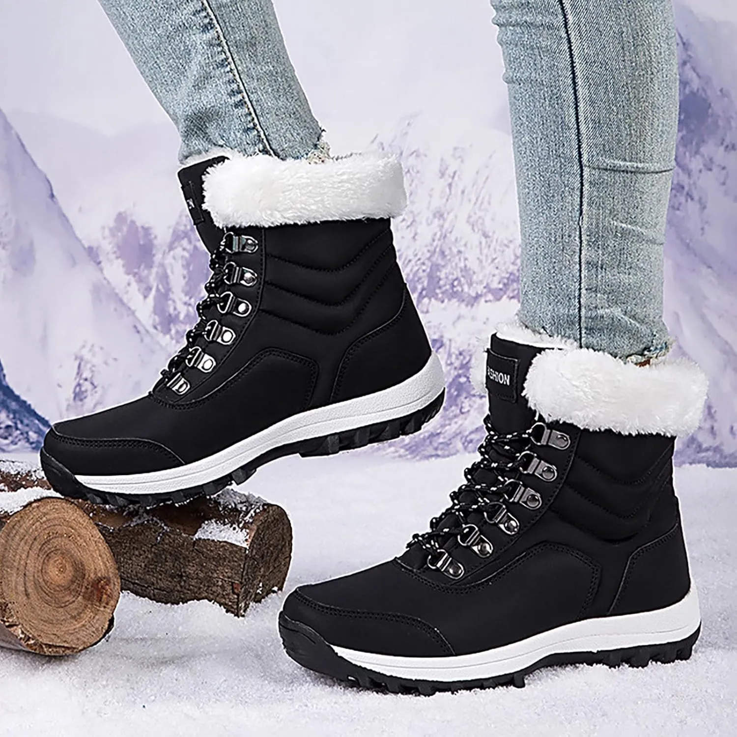 Snow Boots Women Winter Warm Fur Lined Snow Boots Cuffed Fur Collar Anti-Slip Mid Calf Boots Outdoor Insulated Waterproof Hiking Ankle Boots for Work Walking Hiking Outdoor