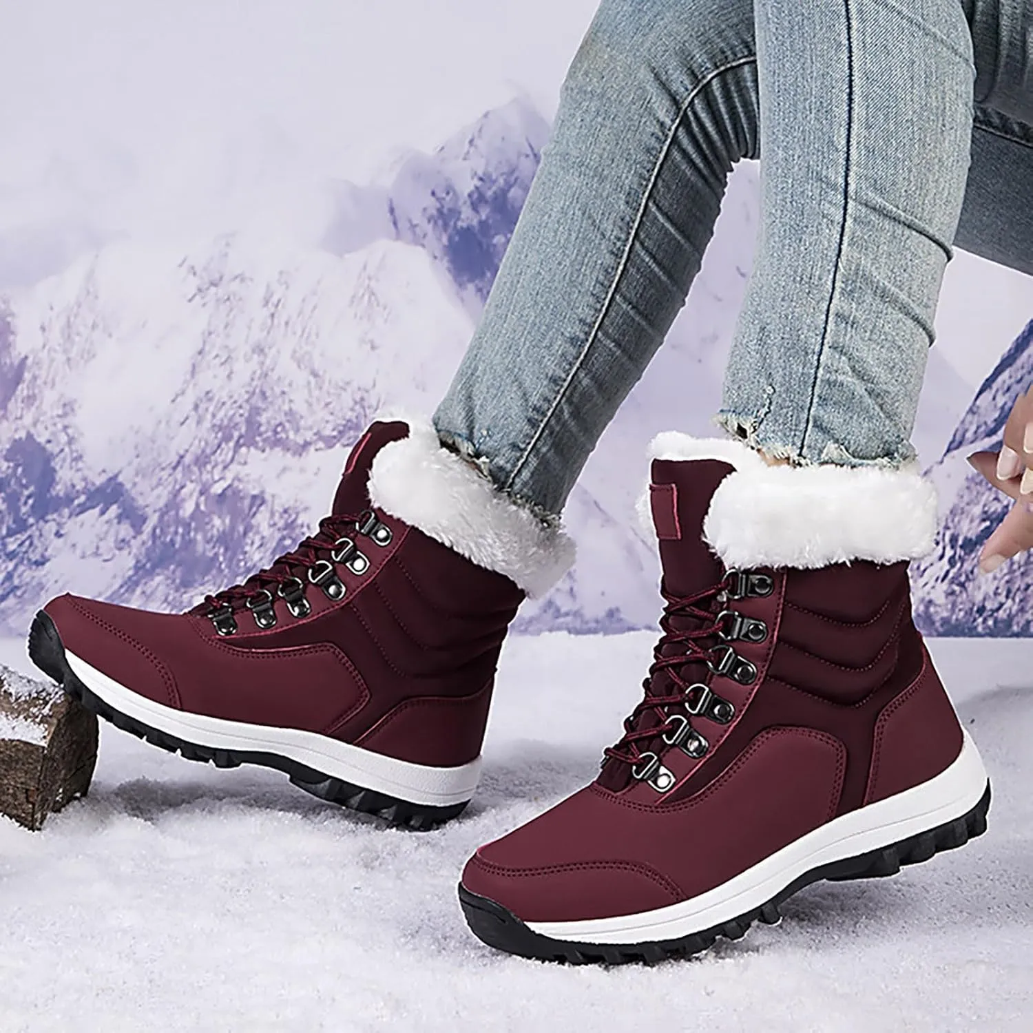 Snow Boots Women Winter Warm Fur Lined Snow Boots Cuffed Fur Collar Anti-Slip Mid Calf Boots Outdoor Insulated Waterproof Hiking Ankle Boots for Work Walking Hiking Outdoor