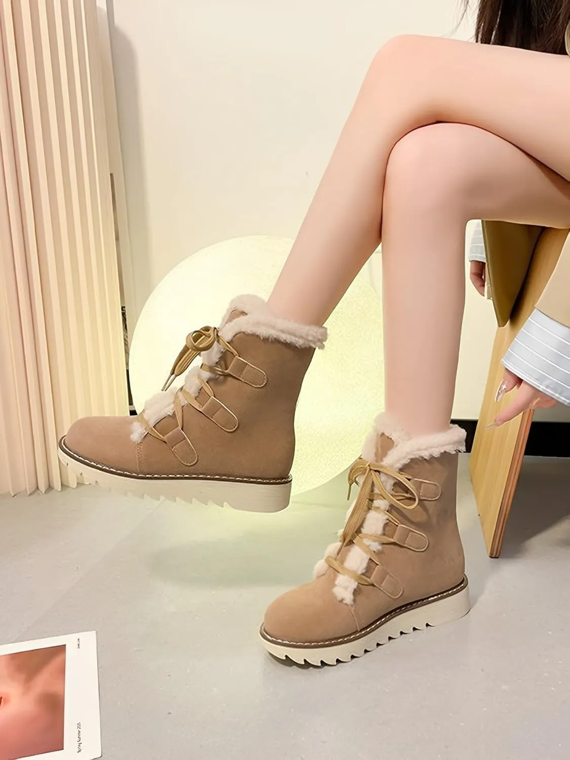 Snow Winter Boots for Women, Plush Lined Hiking Snow Winter Boots, Comfortable Hiking Booties Furry Mid Calf Warm Lightweight, Lace Up Platform Winter Boots