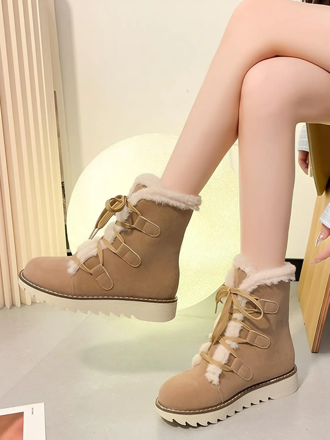 Snow Winter Boots for Women, Plush Lined Hiking Snow Winter Boots, Comfortable Hiking Booties Furry Mid Calf Warm Lightweight, Lace Up Platform Winter Boots
