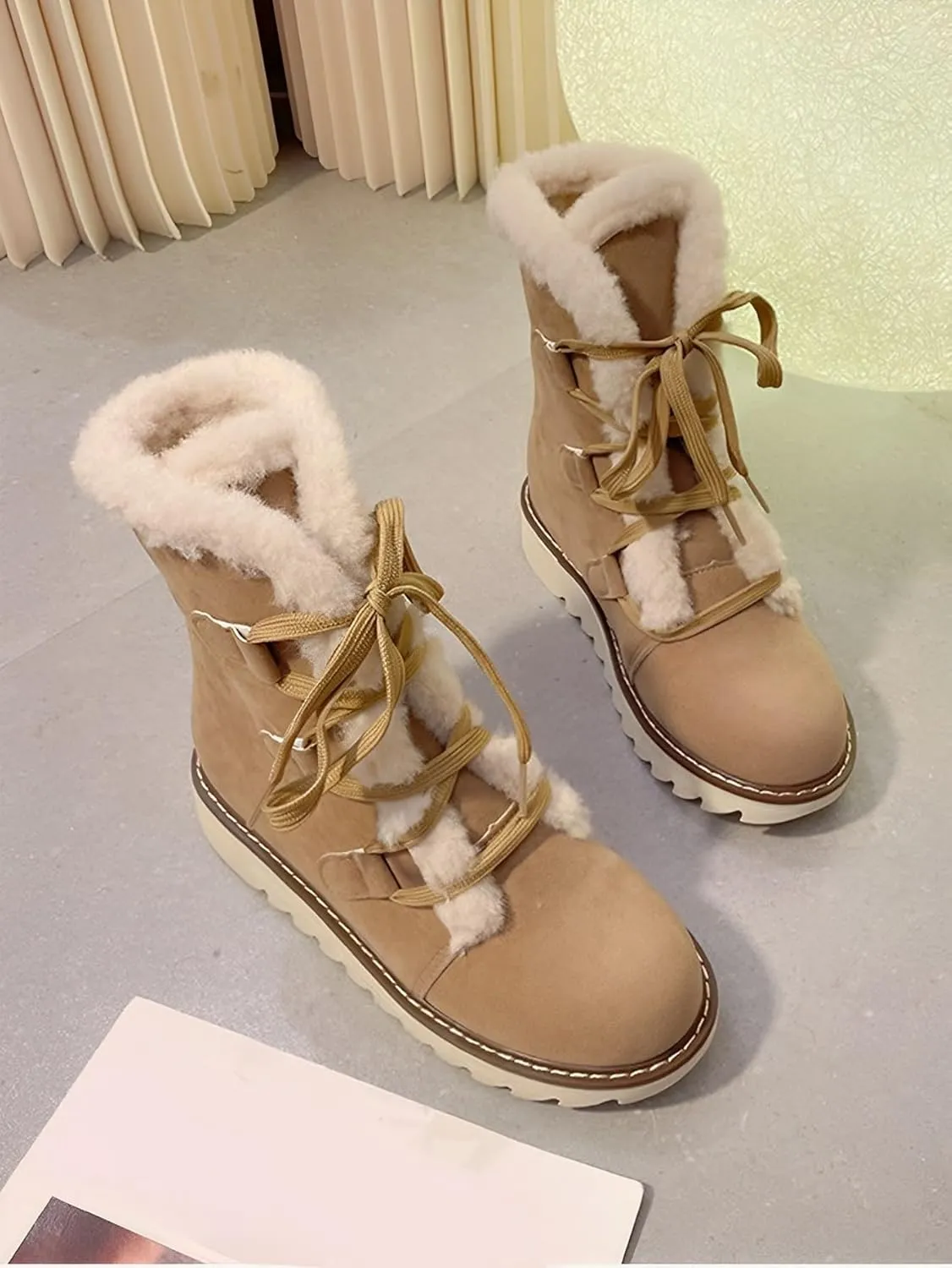 Snow Winter Boots for Women, Plush Lined Hiking Snow Winter Boots, Comfortable Hiking Booties Furry Mid Calf Warm Lightweight, Lace Up Platform Winter Boots