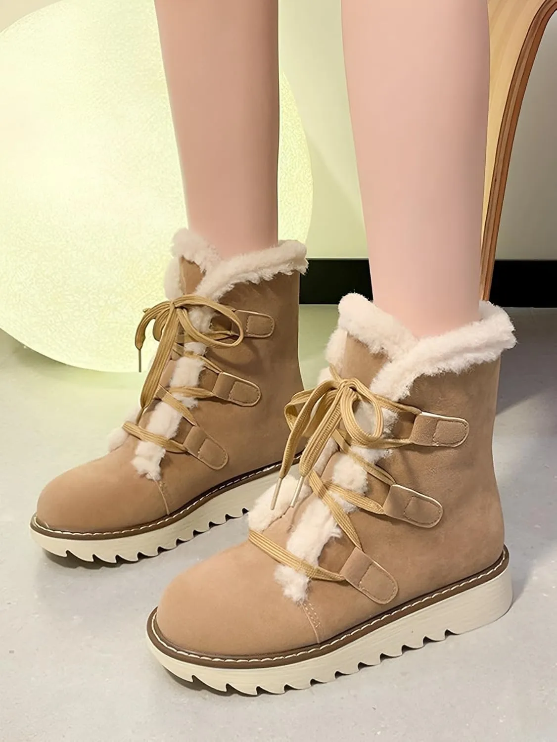 Snow Winter Boots for Women, Plush Lined Hiking Snow Winter Boots, Comfortable Hiking Booties Furry Mid Calf Warm Lightweight, Lace Up Platform Winter Boots