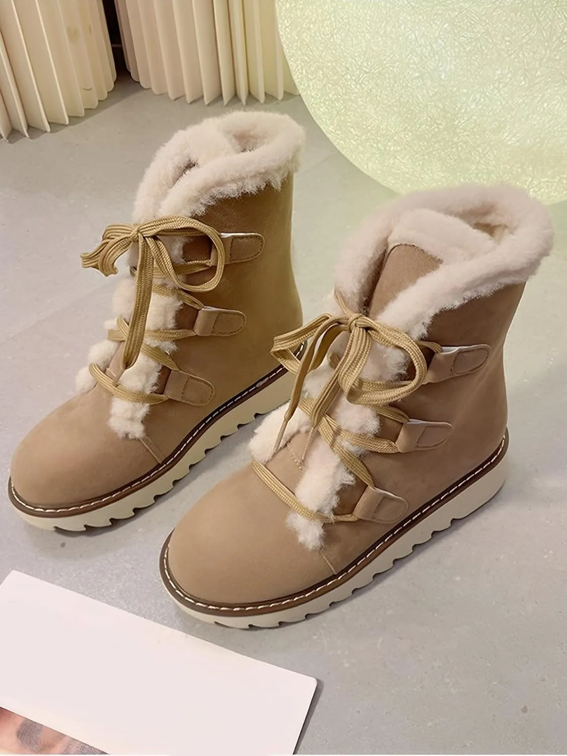 Snow Winter Boots for Women, Plush Lined Hiking Snow Winter Boots, Comfortable Hiking Booties Furry Mid Calf Warm Lightweight, Lace Up Platform Winter Boots
