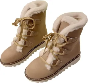 Snow Winter Boots for Women, Plush Lined Hiking Snow Winter Boots, Comfortable Hiking Booties Furry Mid Calf Warm Lightweight, Lace Up Platform Winter Boots