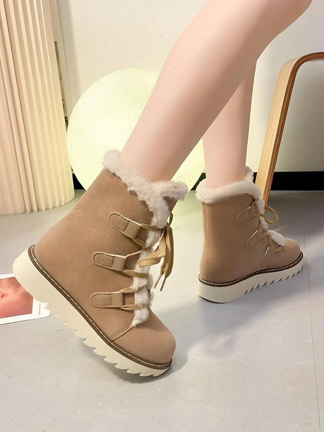 Snow Winter Boots for Women, Plush Lined Hiking Snow Winter Boots, Comfortable Hiking Booties Furry Mid Calf Warm Lightweight, Lace Up Platform Winter Boots