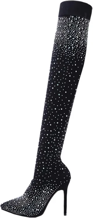 Sparkly Rhinestones Boots for Women 2022 Sexy Pointed Toe Stiletto High Heels over the Knee Boots Stretch Comfy Thigh High Boots Casual Shoes
