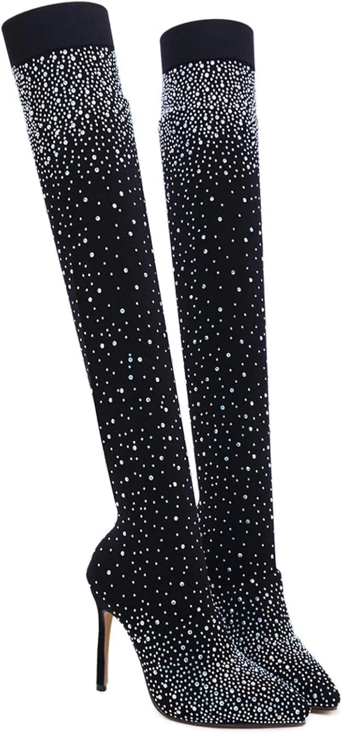 Sparkly Rhinestones Boots for Women 2022 Sexy Pointed Toe Stiletto High Heels over the Knee Boots Stretch Comfy Thigh High Boots Casual Shoes
