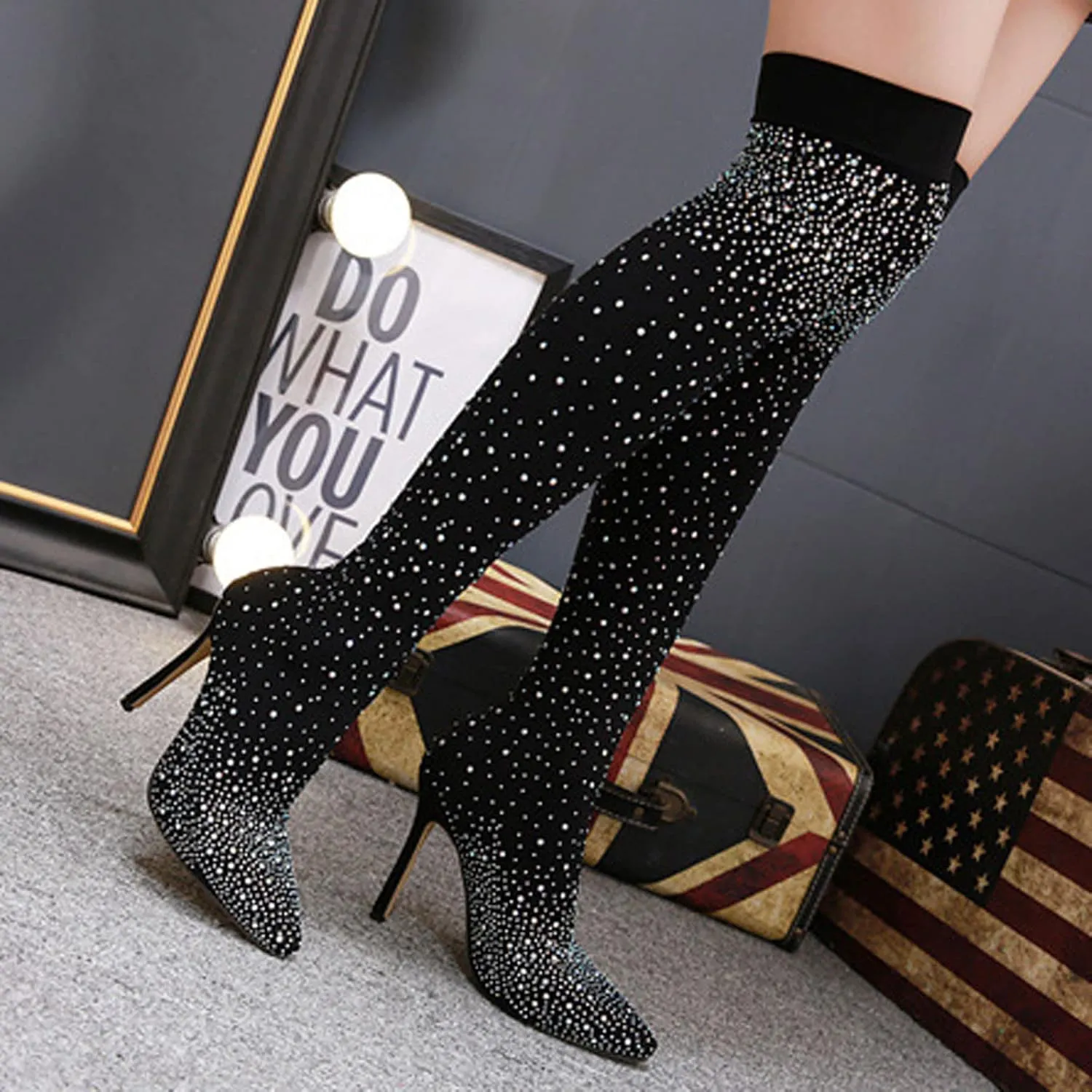 Sparkly Rhinestones Boots for Women 2022 Sexy Pointed Toe Stiletto High Heels over the Knee Boots Stretch Comfy Thigh High Boots Casual Shoes