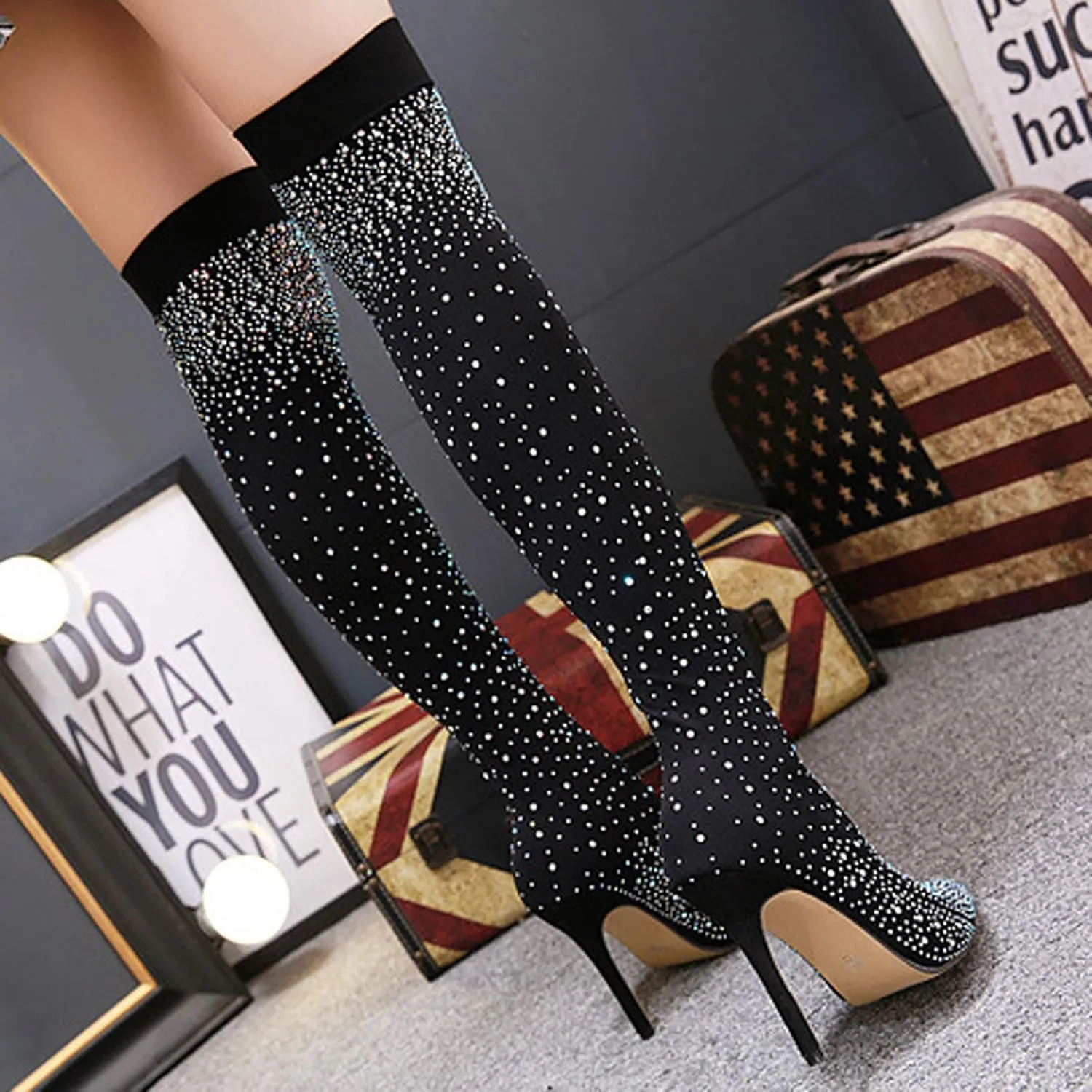 Sparkly Rhinestones Boots for Women 2022 Sexy Pointed Toe Stiletto High Heels over the Knee Boots Stretch Comfy Thigh High Boots Casual Shoes