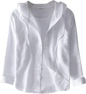 Spring and Summer New Men's Loose Fashion Sunscreen Hooded Long Sleeve Solid Color Linen Shirt Floral Sleeve Men Shirt