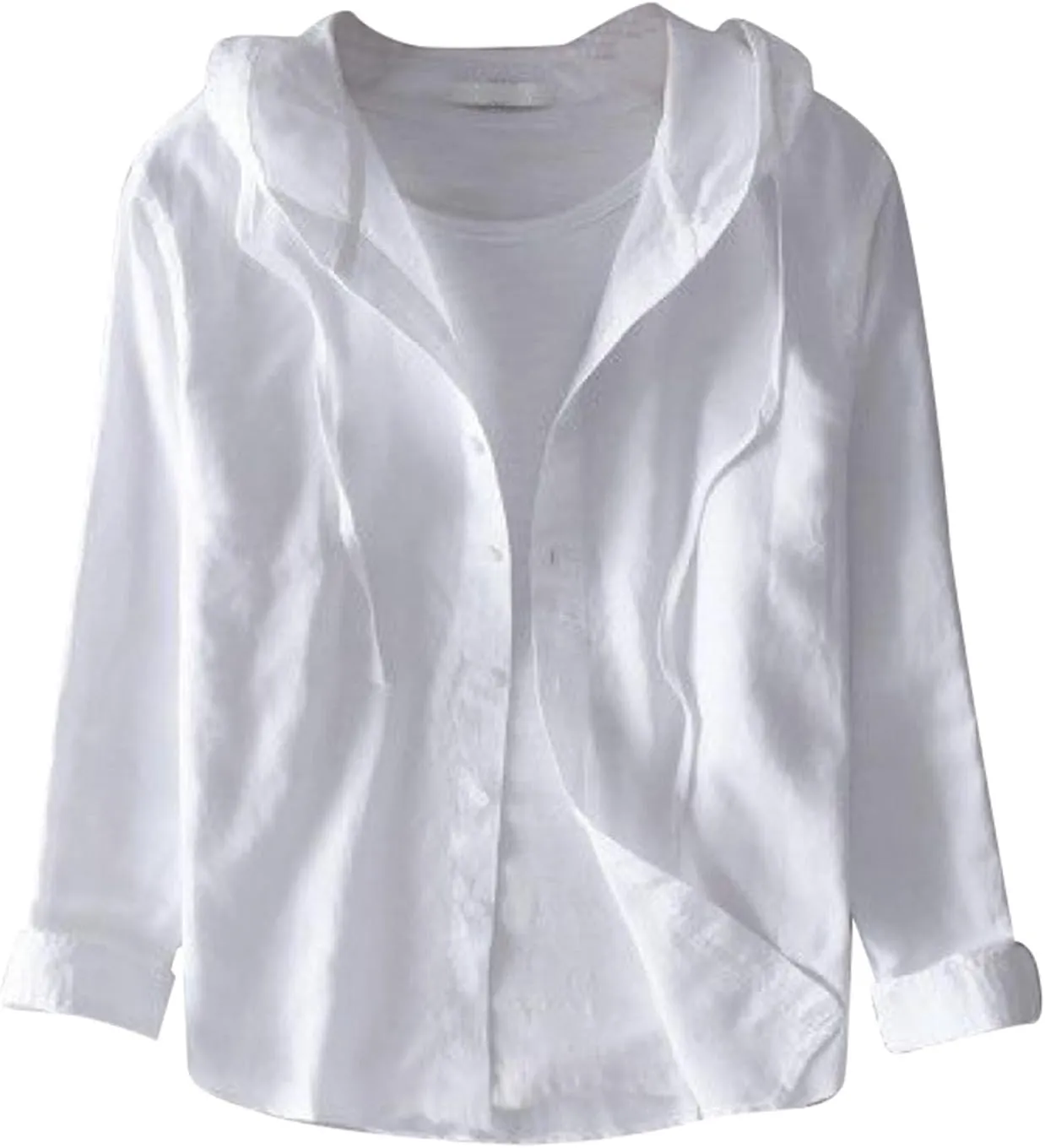 Spring and Summer New Men's Loose Fashion Sunscreen Hooded Long Sleeve Solid Color Linen Shirt Floral Sleeve Men Shirt