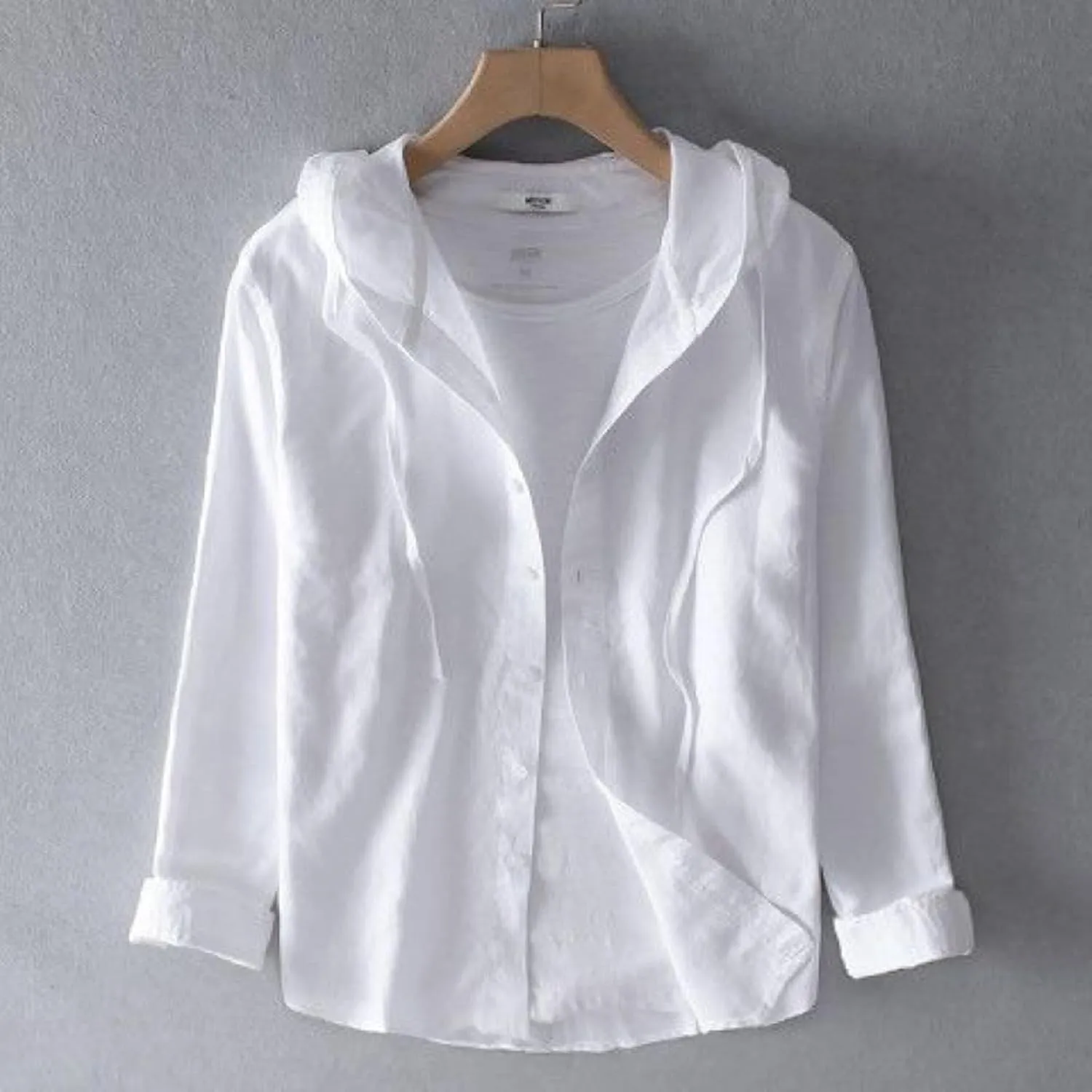 Spring and Summer New Men's Loose Fashion Sunscreen Hooded Long Sleeve Solid Color Linen Shirt Floral Sleeve Men Shirt