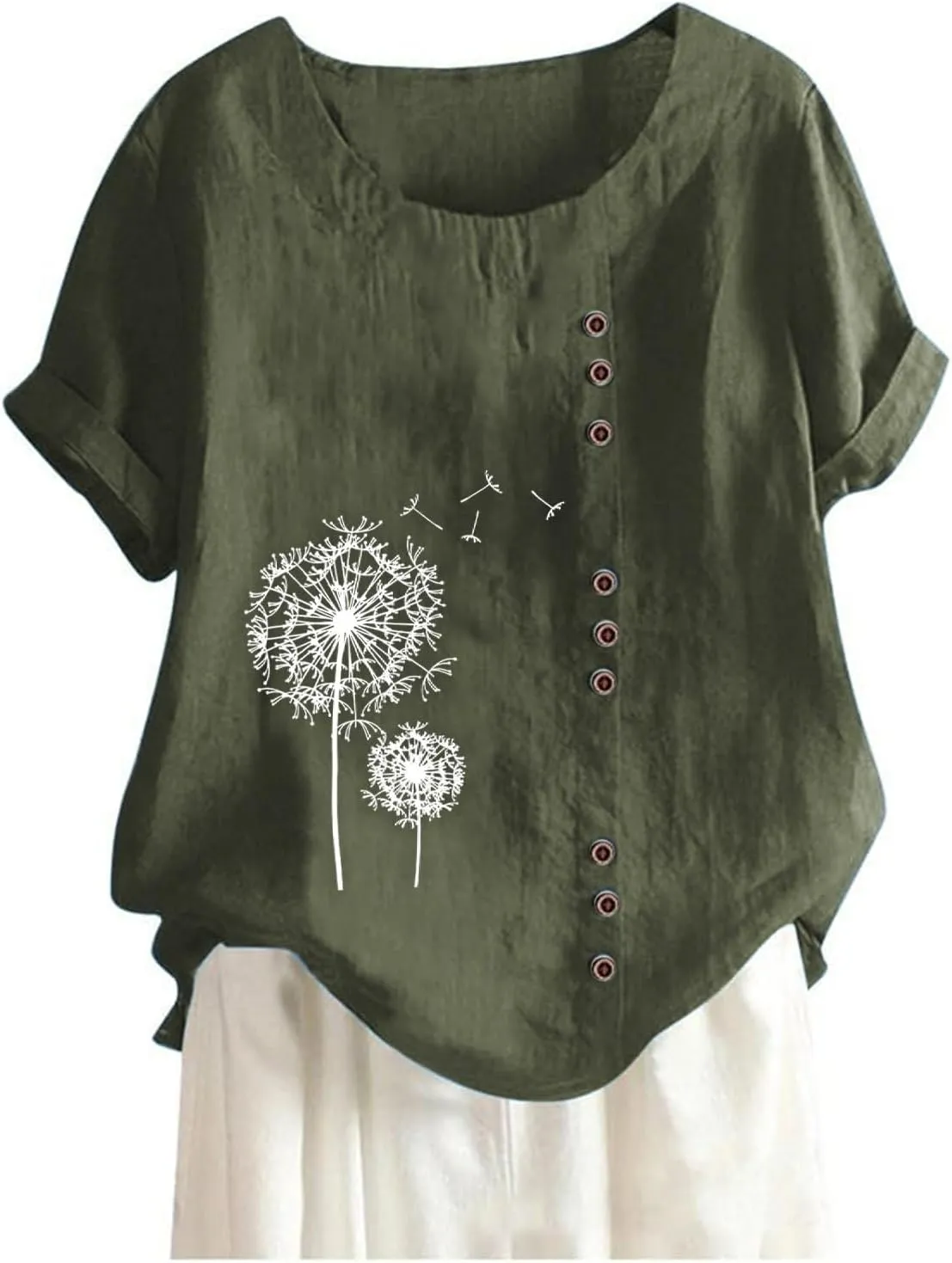 Summer Linen Shirt Women's - Floral Stitch Detail & Button Closure, Relaxed Fit Casual Tee, Moisture-Wicking