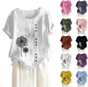 Summer Linen Shirt Women's - Floral Stitch Detail & Button Closure, Relaxed Fit Casual Tee, Moisture-Wicking