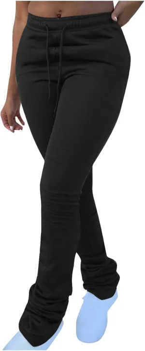 Sweats for Women Solid Drawstring Waist Sweatpants Stacked Pants Thermal Winter Sweatpants Fleece Lined Sweatpants