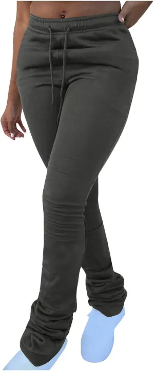 Sweats for Women Solid Drawstring Waist Sweatpants Stacked Pants Thermal Winter Sweatpants Fleece Lined Sweatpants