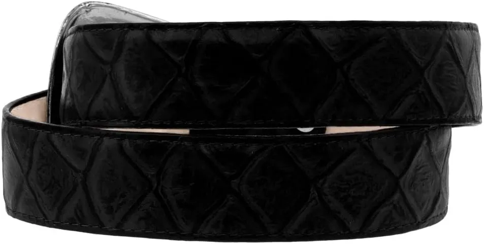 Texas Legacy Mens Black Pirarucu Fish Print Leather Western Cowboy Belt Dress Buckle