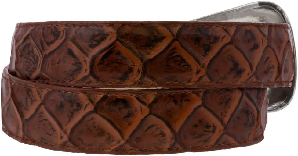 Texas Legacy Mens Cognac Pirarucu Fish Print Leather Western Cowboy Belt Dress Buckle