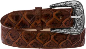 Texas Legacy Mens Cognac Pirarucu Fish Print Leather Western Cowboy Belt Dress Buckle