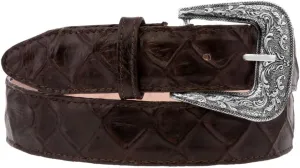 Texas Legacy Mens Dark Brown Pirarucu Fish Print Leather Western Cowboy Belt Dress Buckle