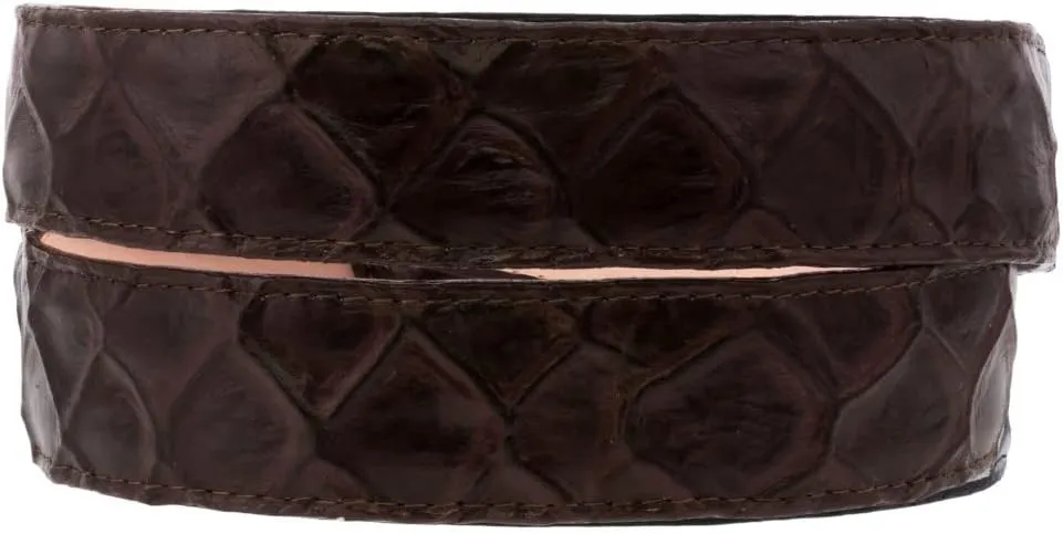 Texas Legacy Mens Dark Brown Pirarucu Fish Print Leather Western Cowboy Belt Dress Buckle