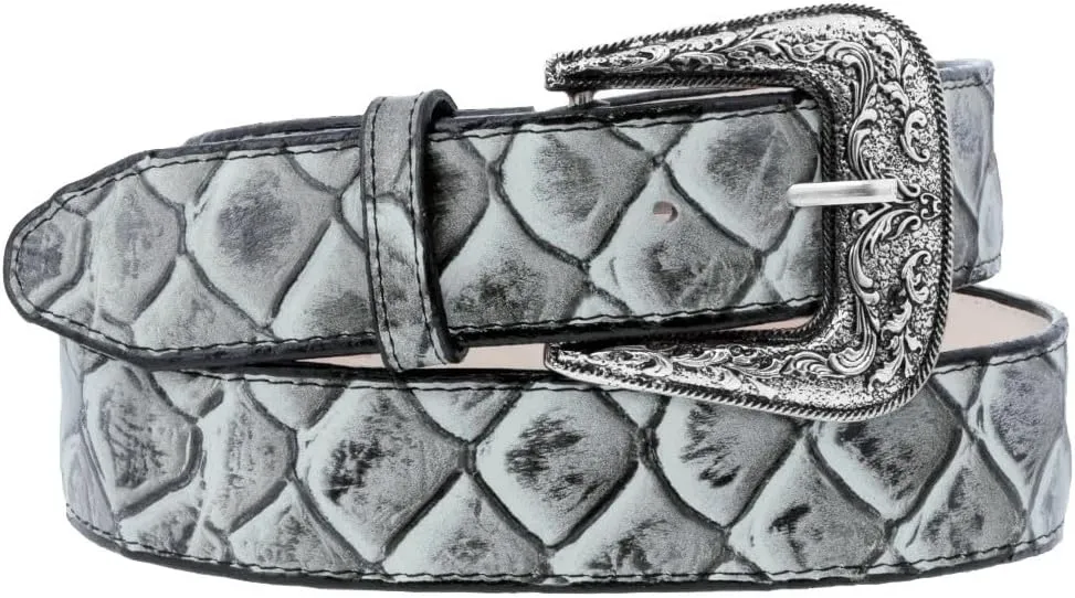 Texas Legacy Mens Off White Pirarucu Fish Print Leather Western Cowboy Belt Dress Buckle