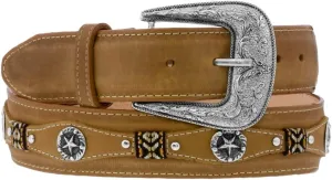 Texas Legacy Mens Taupe Concho Western Cowboy Leather Belt Silver Buckle