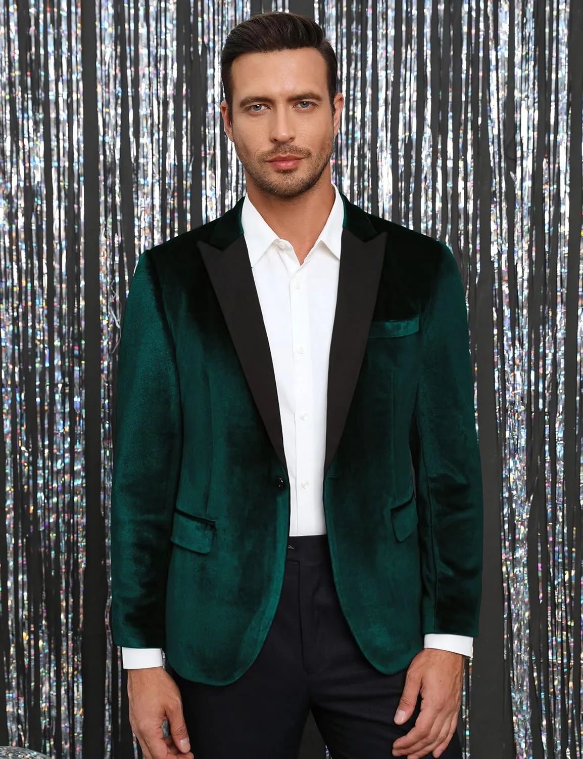 TURETRENDY Men's Velvet Blazer One Button Solid Wedding Tuxedo Slim Fit Luxury Velour Suit Jacket for Dinner,Prom,Party