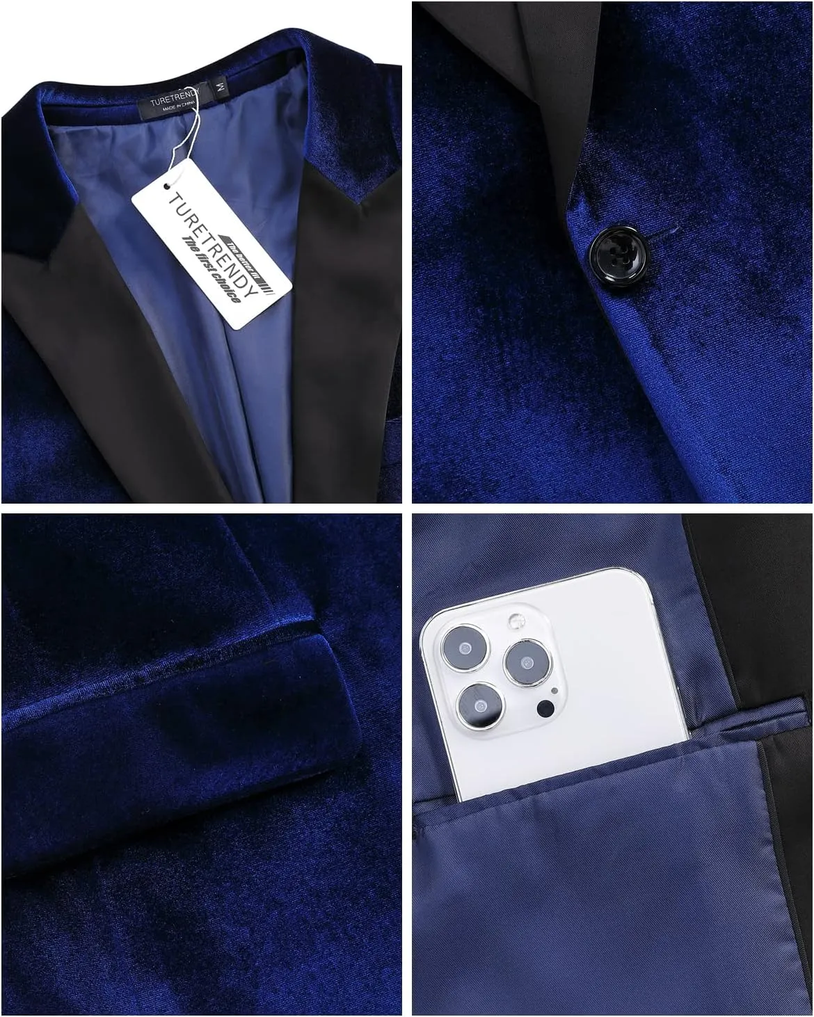 TURETRENDY Men's Velvet Blazer One Button Solid Wedding Tuxedo Slim Fit Luxury Velour Suit Jacket for Dinner,Prom,Party