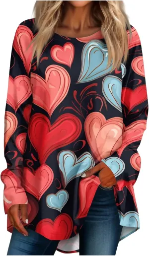Valentines Day Tshirts Women Long Sleeve Crewneck Loose Fit Heart Tops Soft Comfy Holiday Graphic Tees