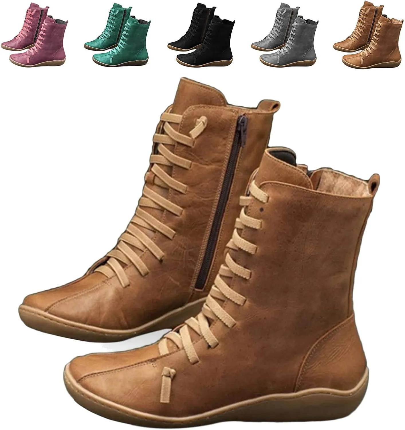 Waterproof Boots for Women Hiking Boots Women Round Toe Flat Lace up Mid Calf Hiking Boots for Women Comfortable