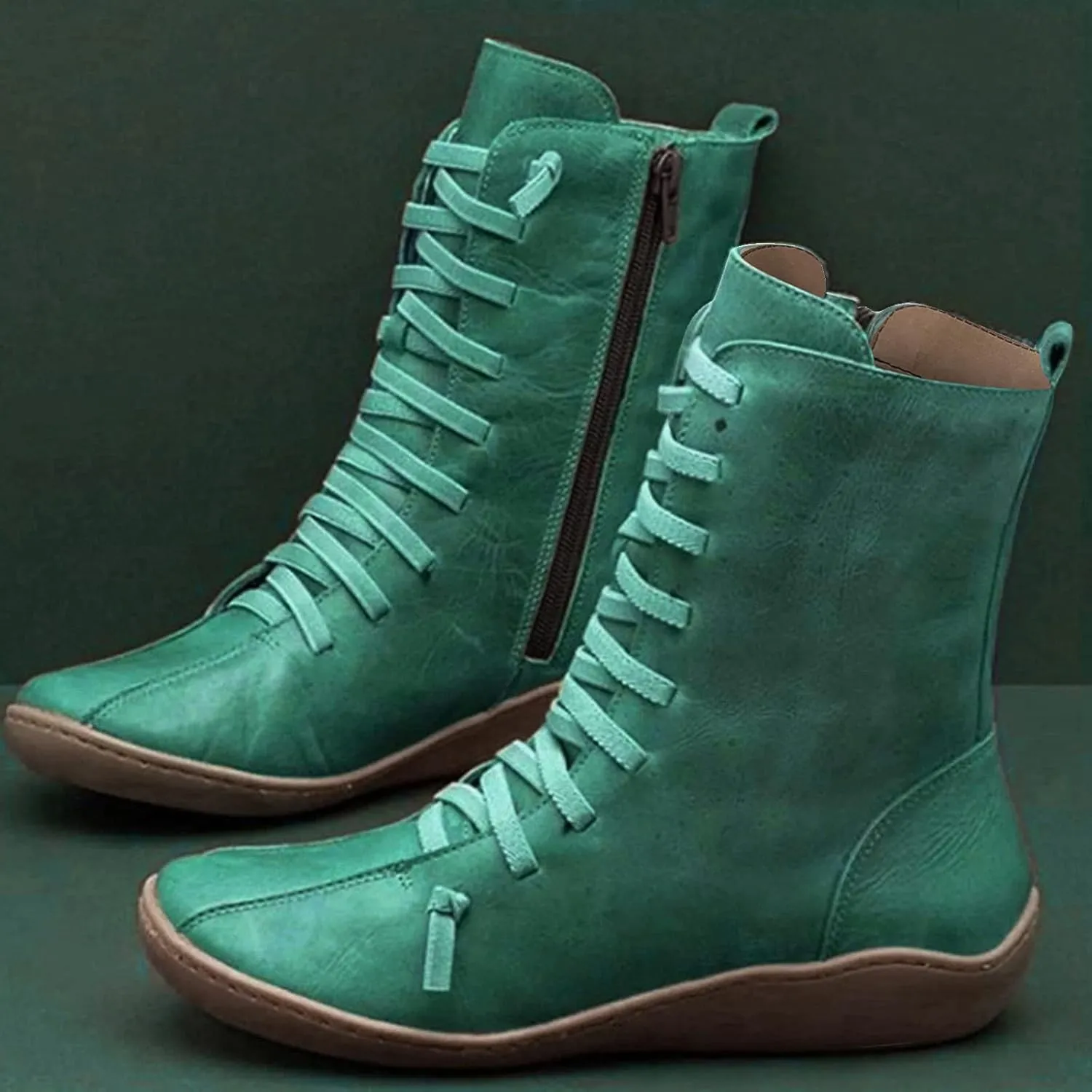 Waterproof Boots for Women Hiking Boots Women Round Toe Flat Lace up Mid Calf Hiking Boots for Women Comfortable