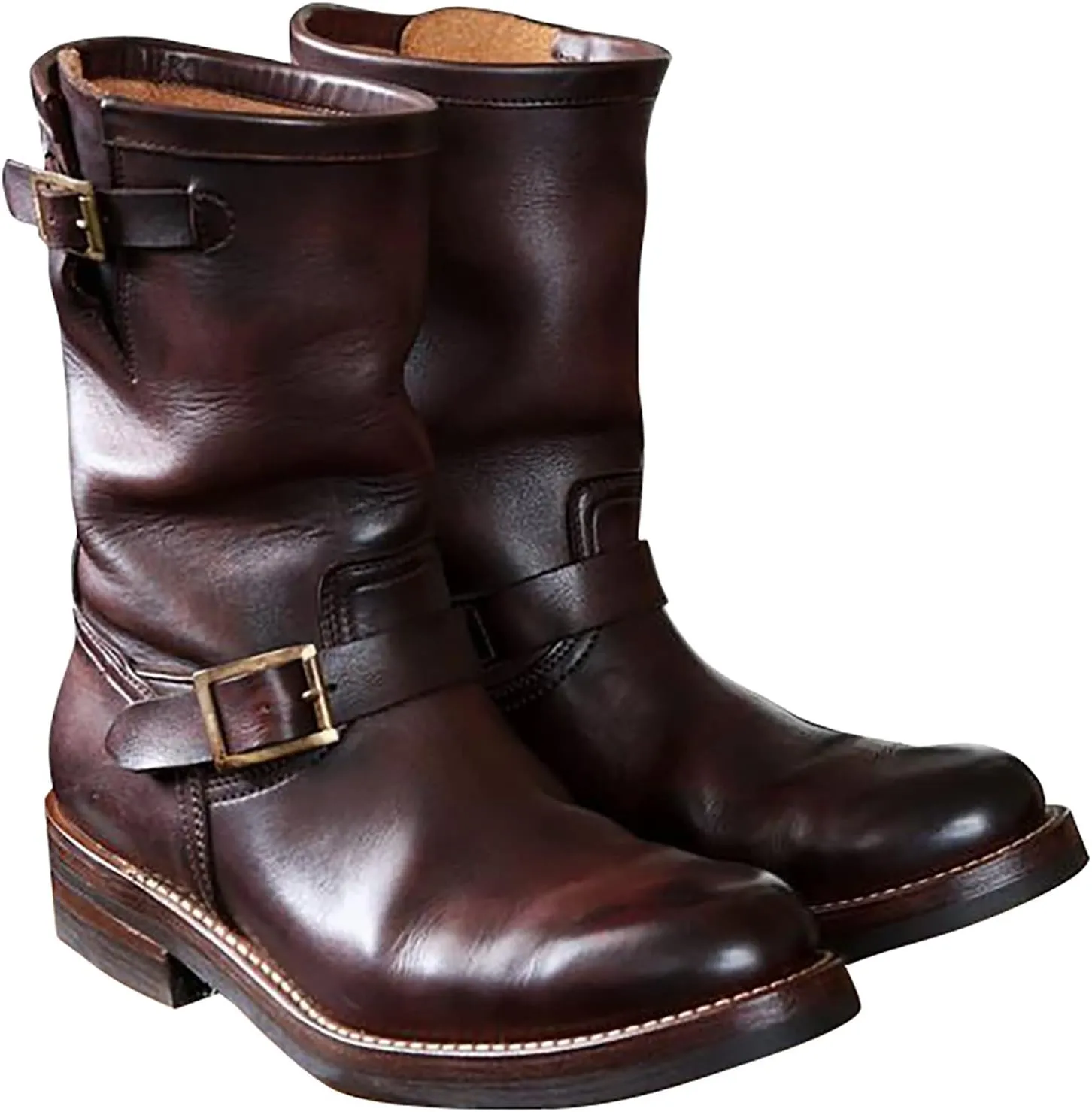 Western Boots For Men With Strap Round Toe Pull On Winter Boots For Men Mid-Calf Men Chunky Blocked