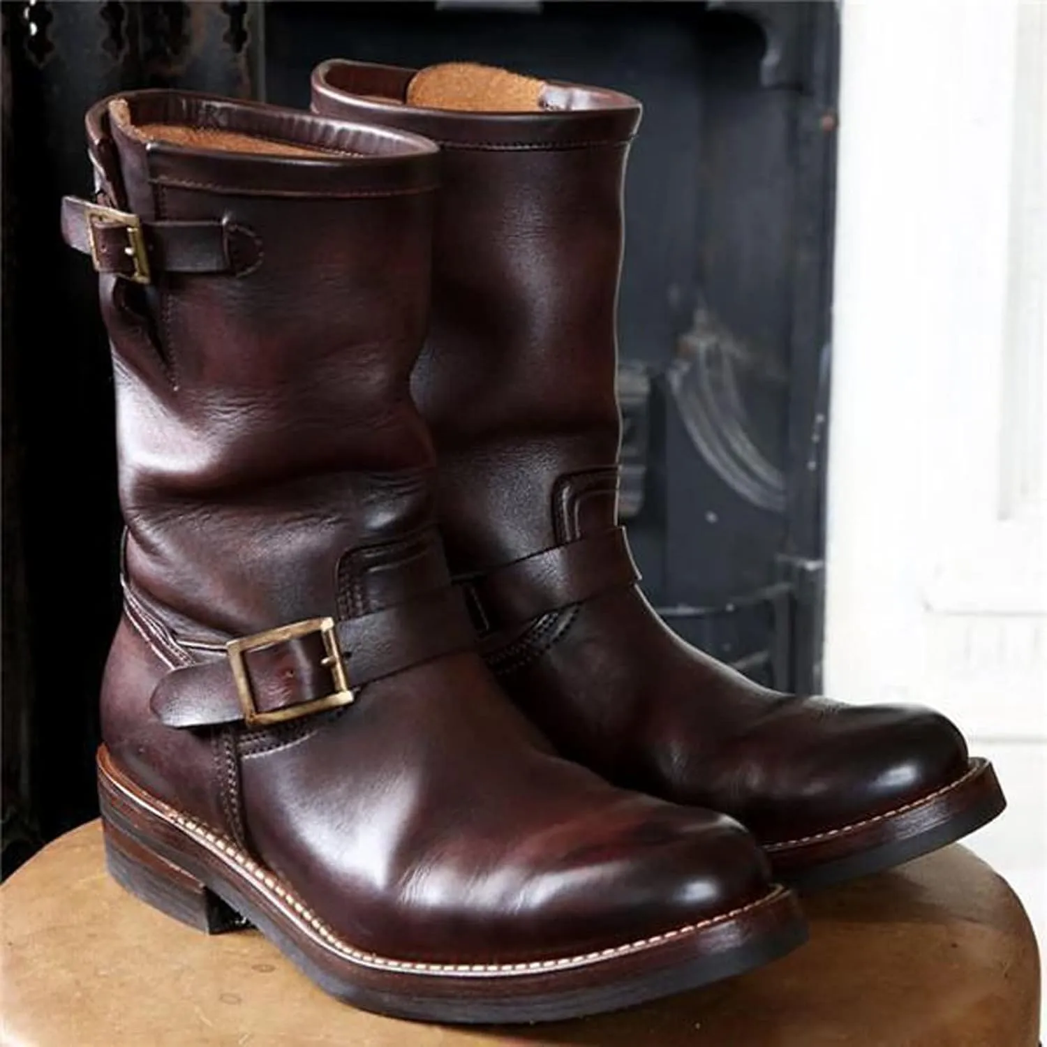 Western Boots For Men With Strap Round Toe Pull On Winter Boots For Men Mid-Calf Men Chunky Blocked
