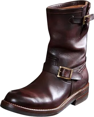 Western Boots For Men With Strap Round Toe Pull On Winter Boots For Men Mid-Calf Men Chunky Blocked