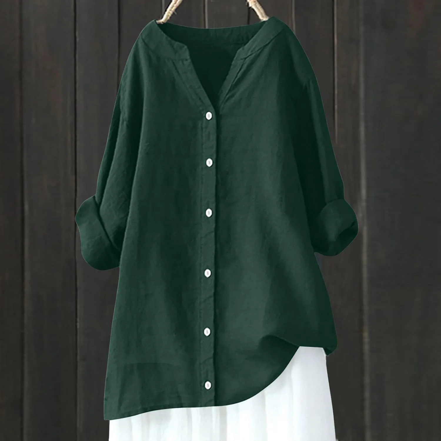 Women Linen Shirts Summer Cotton Linen Plain Long Sleeve T-Shirts Casual Plus Size Basic Crew Neck Tshirts