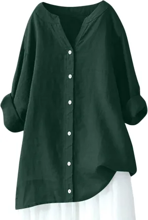 Women Linen Shirts Summer Cotton Linen Plain Long Sleeve T-Shirts Casual Plus Size Basic Crew Neck Tshirts